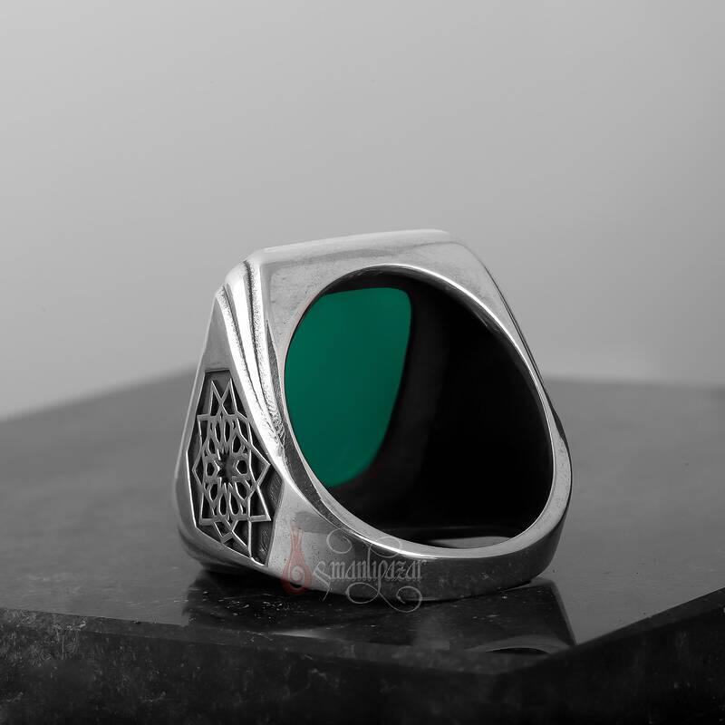 Üzeri Erzurum Kalem İşçiliği Kenarları Osmanlı Motifi Yeşil Akik Taşı Gümüş Yüzük - 4