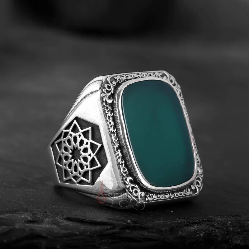 Üzeri Erzurum Kalem İşçiliği Kenarları Osmanlı Motifi Yeşil Akik Taşı Gümüş Yüzük - 1