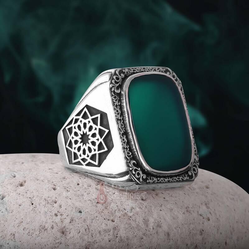 Üzeri Erzurum Kalem İşçiliği Kenarları Osmanlı Motifi Yeşil Akik Taşı Gümüş Yüzük - 2