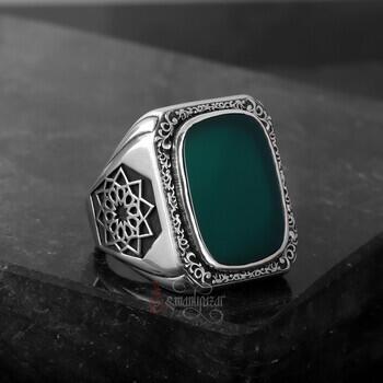 Üzeri Erzurum Kalem İşçiliği Kenarları Osmanlı Motifi Yeşil Akik Taşı Gümüş Yüzük - 6