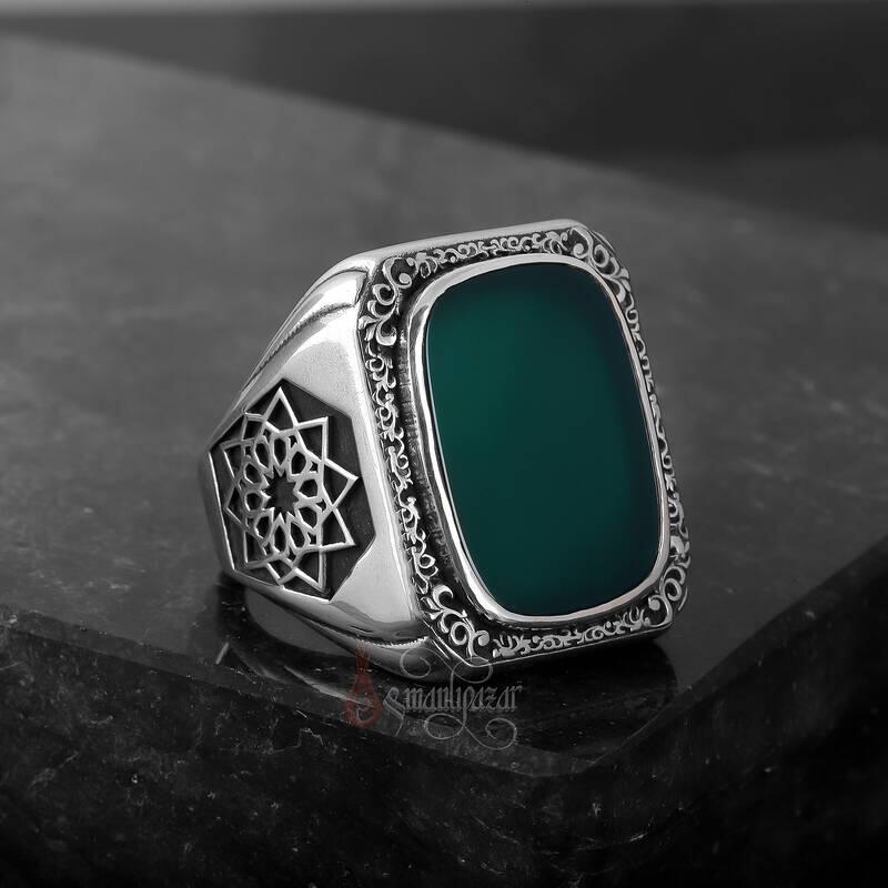Üzeri Erzurum Kalem İşçiliği Kenarları Osmanlı Motifi Yeşil Akik Taşı Gümüş Yüzük - 6