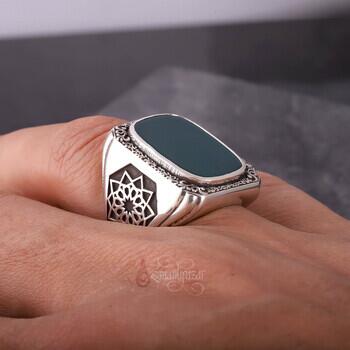Üzeri Erzurum Kalem İşçiliği Kenarları Osmanlı Motifi Yeşil Akik Taşı Gümüş Yüzük - 5