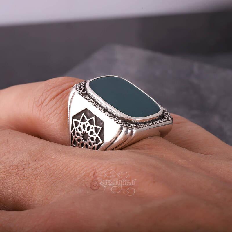 Üzeri Erzurum Kalem İşçiliği Kenarları Osmanlı Motifi Yeşil Akik Taşı Gümüş Yüzük - 5