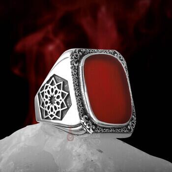 Üzeri Kalem İşçiliği Kenarları Osmanlı Motifi Akik Taşı Gümüş Yüzük - 3