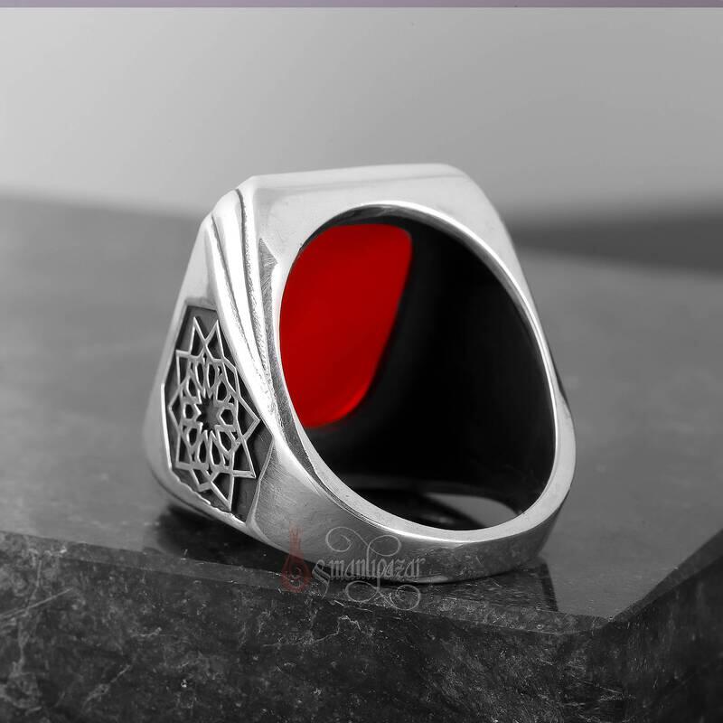 Üzeri Kalem İşçiliği Kenarları Osmanlı Motifi Akik Taşı Gümüş Yüzük - 5