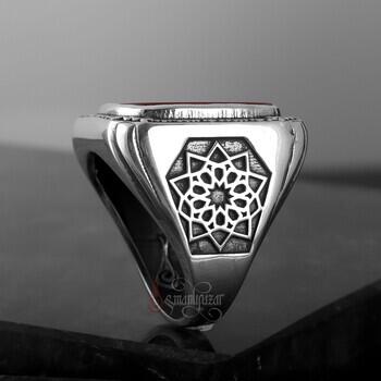 Üzeri Kalem İşçiliği Kenarları Osmanlı Motifi Akik Taşı Gümüş Yüzük - 2