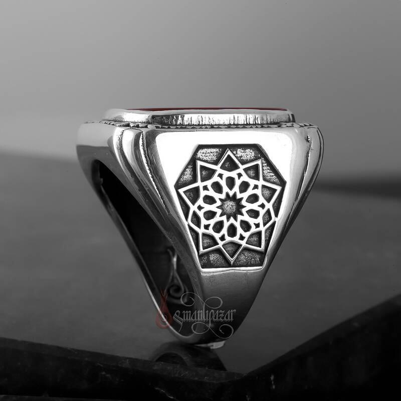 Üzeri Kalem İşçiliği Kenarları Osmanlı Motifi Akik Taşı Gümüş Yüzük - 2