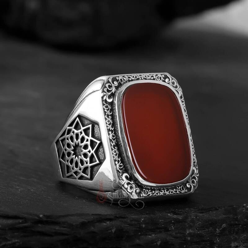 Üzeri Kalem İşçiliği Kenarları Osmanlı Motifi Akik Taşı Gümüş Yüzük - 1