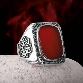 Üzeri Kalem İşçiliği Kenarları Osmanlı Motifi Akik Taşı Gümüş Yüzük - 6