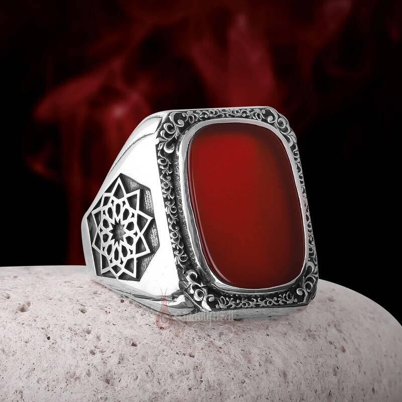 Üzeri Kalem İşçiliği Kenarları Osmanlı Motifi Akik Taşı Gümüş Yüzük - 6