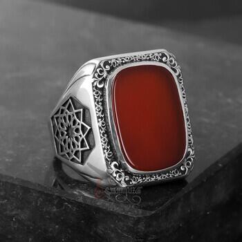 Üzeri Kalem İşçiliği Kenarları Osmanlı Motifi Akik Taşı Gümüş Yüzük - 7