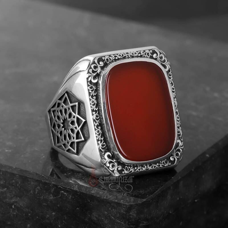 Üzeri Kalem İşçiliği Kenarları Osmanlı Motifi Akik Taşı Gümüş Yüzük - 7