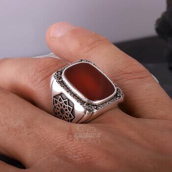 Üzeri Kalem İşçiliği Kenarları Osmanlı Motifi Akik Taşı Gümüş Yüzük - 4