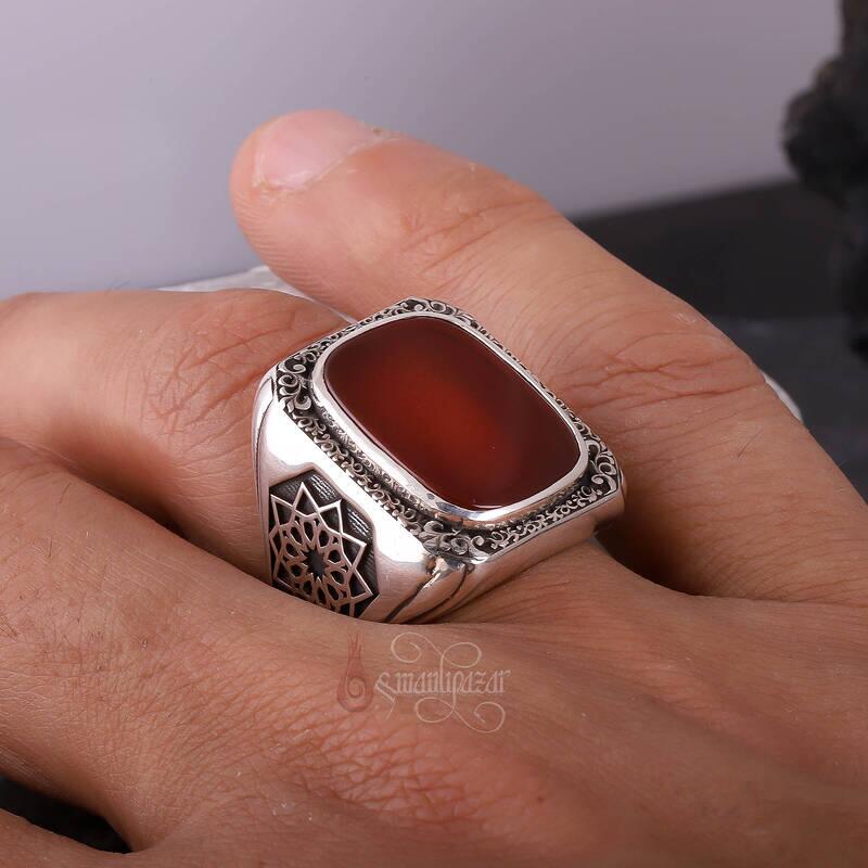 Üzeri Kalem İşçiliği Kenarları Osmanlı Motifi Akik Taşı Gümüş Yüzük - 4