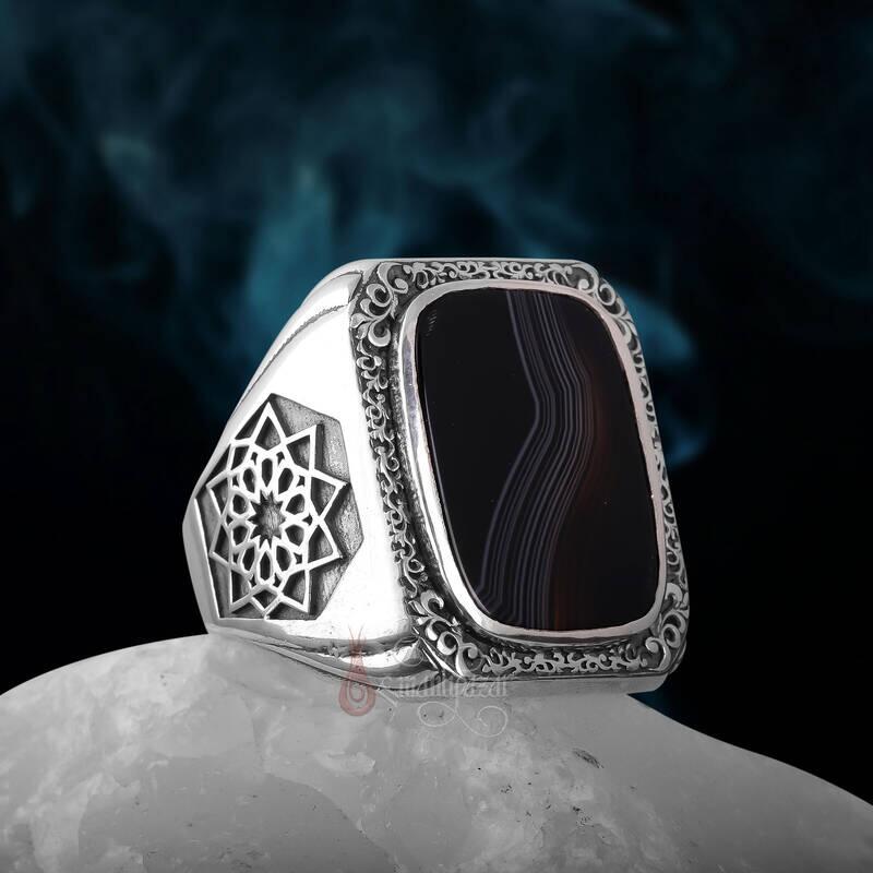 Üzeri Kalem İşçiliği Kenarları Osmanlı Motifi Çizgili Akik Taşı Gümüş Yüzük - 2