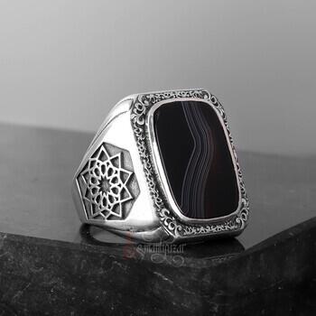 Üzeri Kalem İşçiliği Kenarları Osmanlı Motifi Çizgili Akik Taşı Gümüş Yüzük - 3