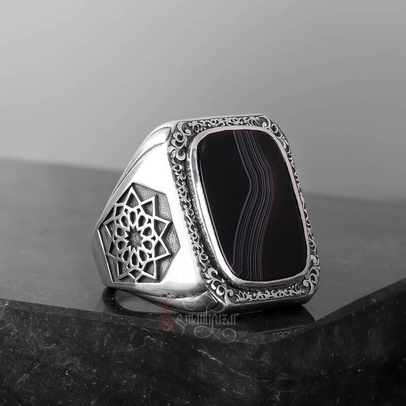 Üzeri Kalem İşçiliği Kenarları Osmanlı Motifi Çizgili Akik Taşı Gümüş Yüzük - 3