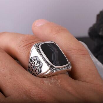 Üzeri Kalem İşçiliği Kenarları Osmanlı Motifi Çizgili Akik Taşı Gümüş Yüzük - 4