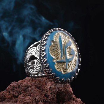 Vav Mim Elif Harfleri Kabartma Taş Oyma Sanatı Gümüş Yüzük - Thumbnail