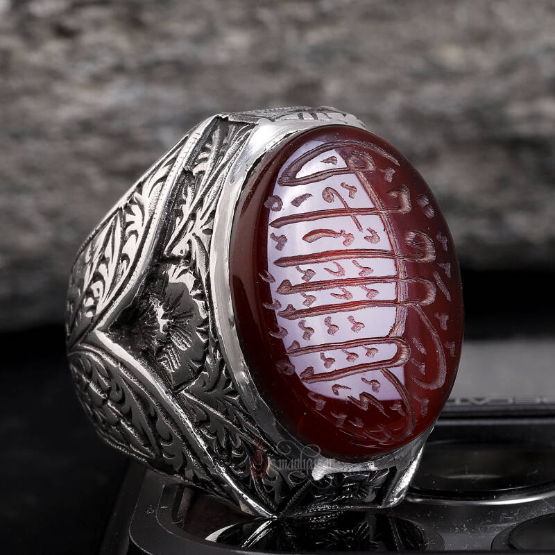 Ya Malikel Mülk Elde Yazma Yemen Akik Taşı Kalem İşi Gümüş Yüzük - 4