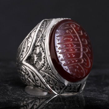 Ya Malikel Mülk Elde Yazma Yemen Akik Taşı Kalem İşi Gümüş Yüzük - 2