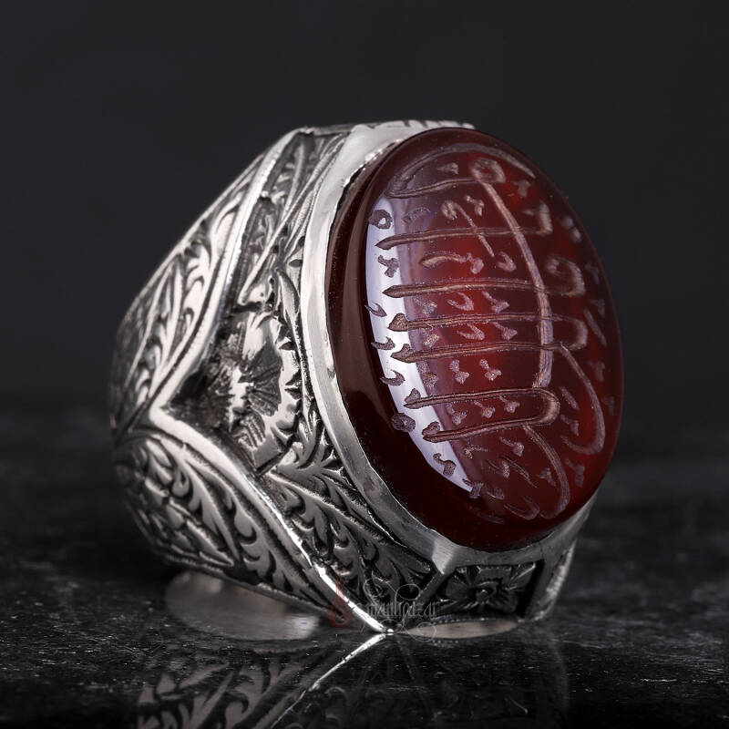 Ya Malikel Mülk Elde Yazma Yemen Akik Taşı Kalem İşi Gümüş Yüzük - 2