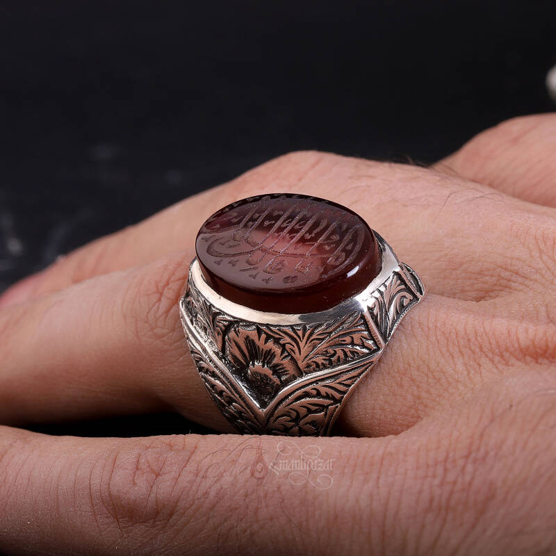 Ya Malikel Mülk Elde Yazma Yemen Akik Taşı Kalem İşi Gümüş Yüzük - 3