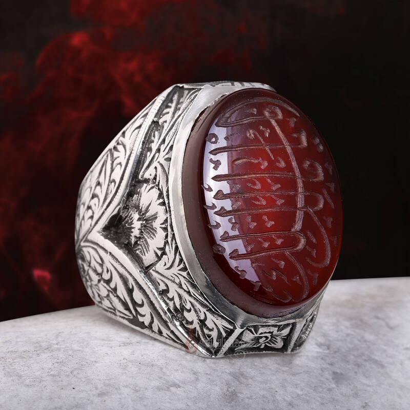 Ya Malikel Mülk Elde Yazma Yemen Akik Taşı Kalem İşi Gümüş Yüzük - 6