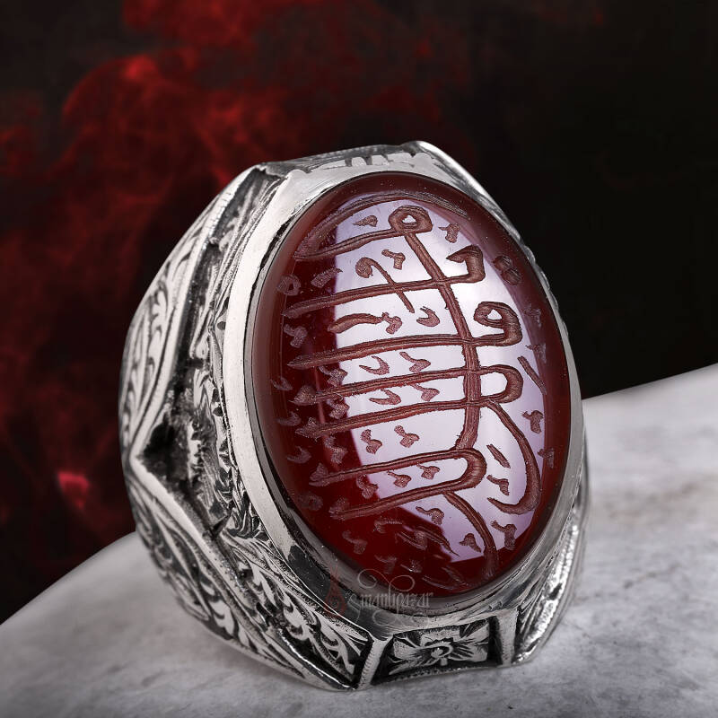 Ya Malikel Mülk Elde Yazma Yemen Akik Taşı Kalem İşi Gümüş Yüzük - 8