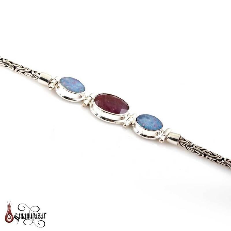 Yakut ve Opal Taşlı 925 Ayar Gümüş Bileklik - 2