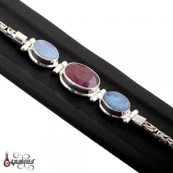 Yakut ve Opal Taşlı 925 Ayar Gümüş Bileklik - 3
