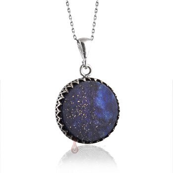 Yassı Lapis Lazuli Taşı Yuvarlak Kesim 925 Ayar Gümüş Zikzak İşlemeli Kolye - Thumbnail