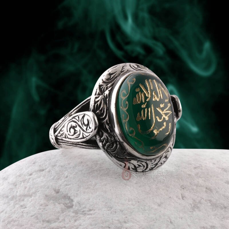 Yeşil Akik La ilâhe illallah Muhammeden Resulullah Yazılı Erzurum Kalem İşçiliği Gümüş Yüzük