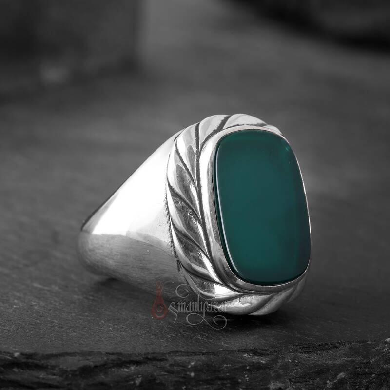 Yeşil Akik Taşı Burgu Motifli Şık Gümüş Yüzük - 4