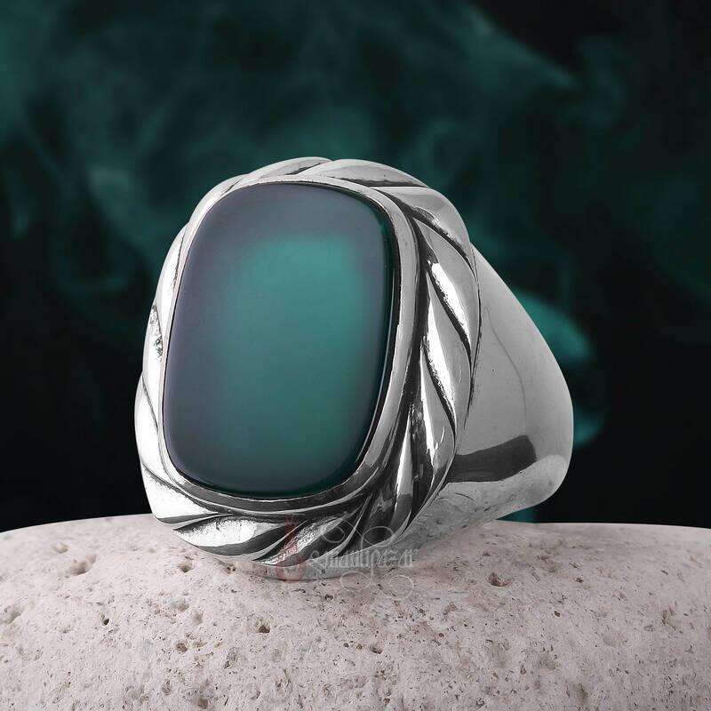 Yeşil Akik Taşı Burgu Motifli Şık Gümüş Yüzük - 1