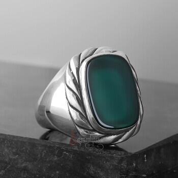 Yeşil Akik Taşı Burgu Motifli Şık Gümüş Yüzük - 2