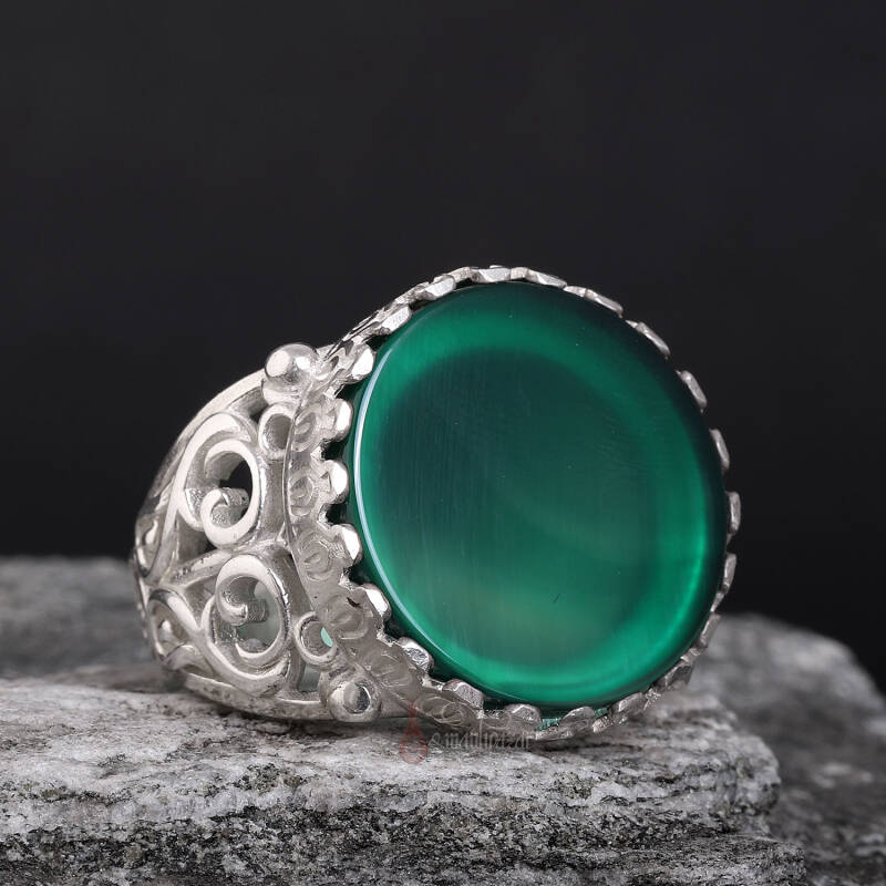 Yeşil Akik Taşı El İşi Gümüş Yüzük - 1