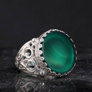 Yeşil Akik Taşı El İşi Gümüş Yüzük - 3
