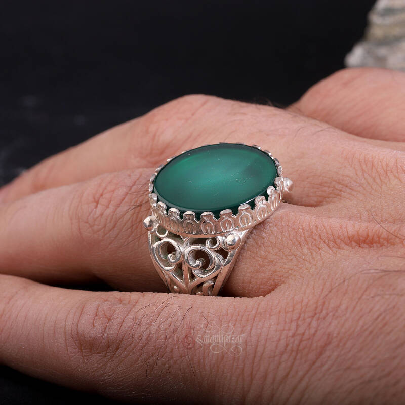 Yeşil Akik Taşı El İşi Gümüş Yüzük - 2