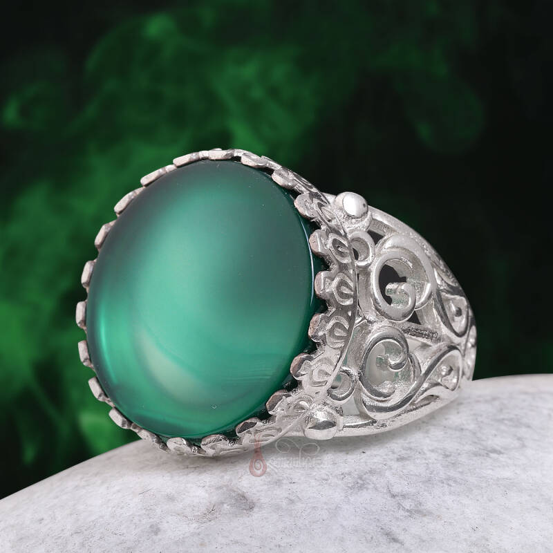 Yeşil Akik Taşı El İşi Gümüş Yüzük - 4