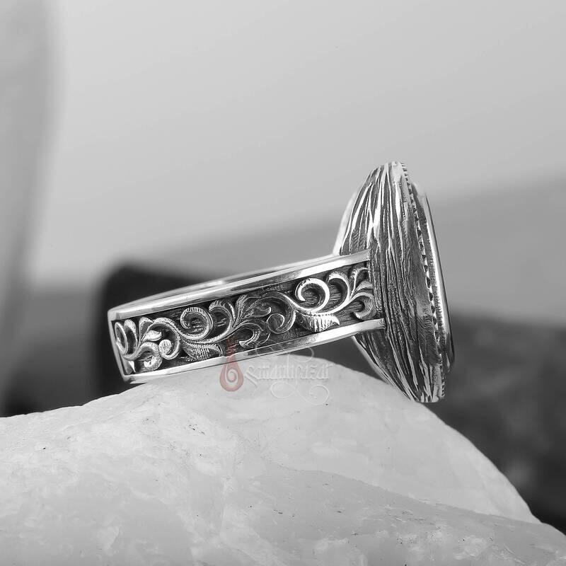 Yeşil Akik Taşı Kalem İşçilikli Minimal Gümüş Yüzük - 3