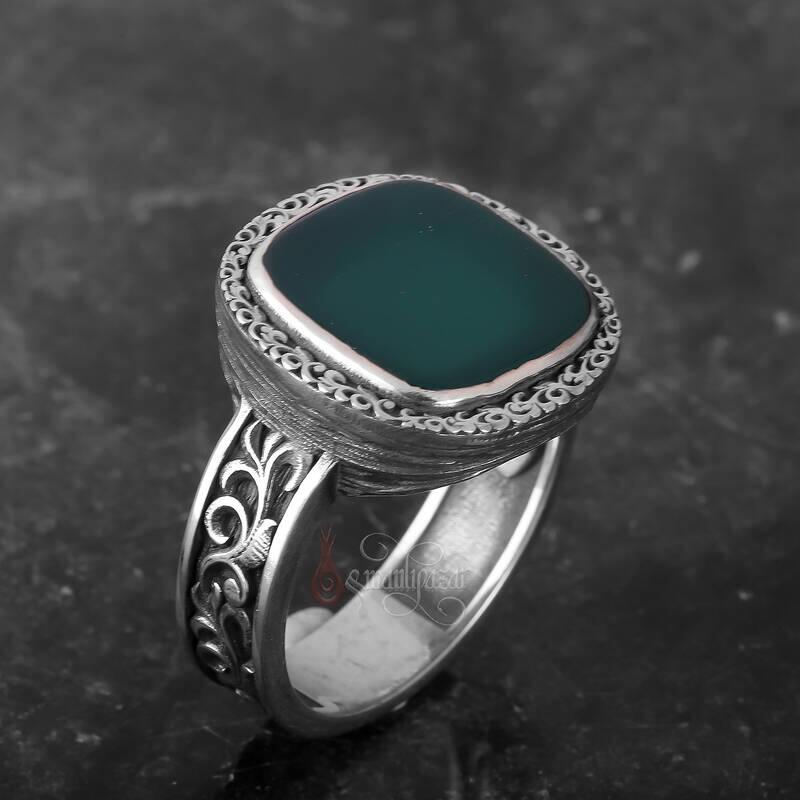 Yeşil Akik Taşı Kalem İşçilikli Minimal Gümüş Yüzük - 4