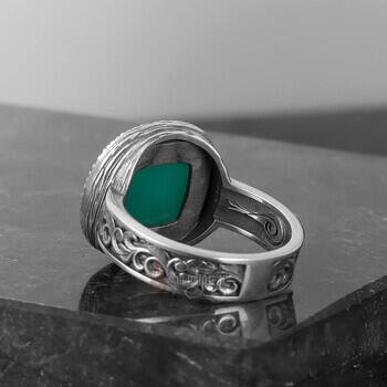 Yeşil Akik Taşı Kalem İşçilikli Minimal Gümüş Yüzük - 6