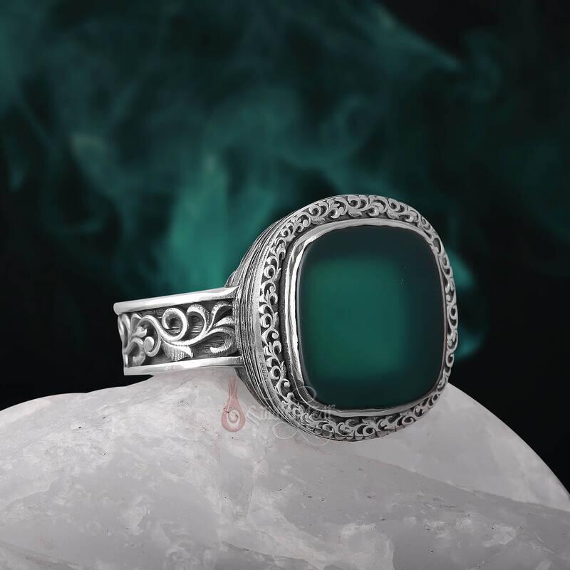 Yeşil Akik Taşı Kalem İşçilikli Minimal Gümüş Yüzük - 2