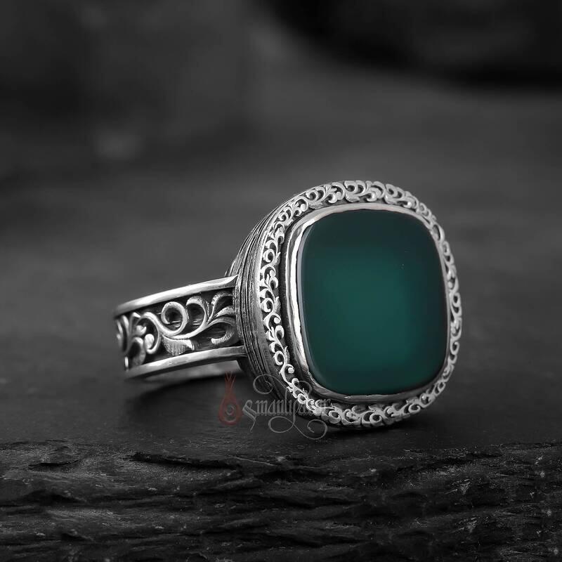 Yeşil Akik Taşı Kalem İşçilikli Minimal Gümüş Yüzük - 1