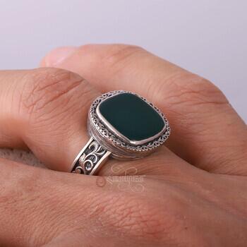 Yeşil Akik Taşı Kalem İşçilikli Minimal Gümüş Yüzük - 5