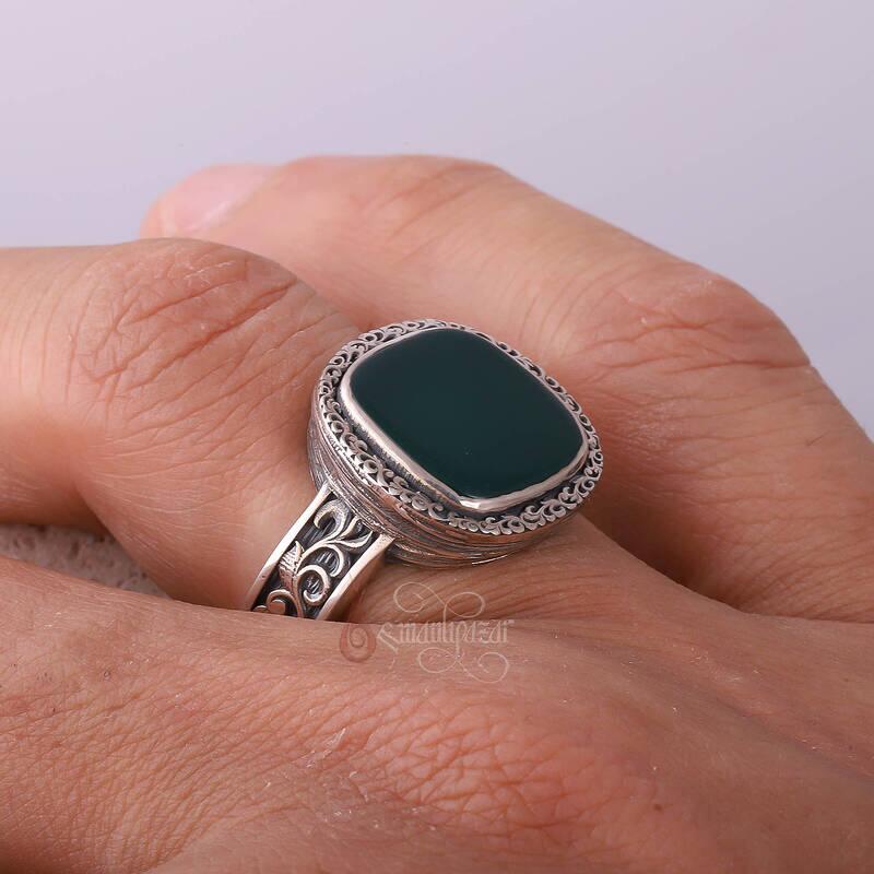 Yeşil Akik Taşı Kalem İşçilikli Minimal Gümüş Yüzük - 5