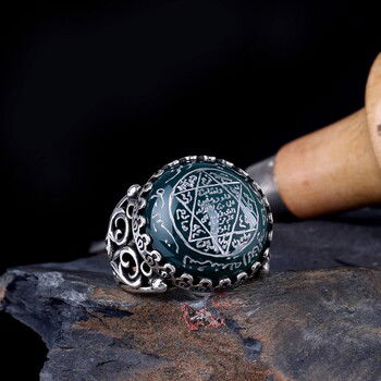 Yeşil Akik Taşı Mührü Süleyman 925 Ayar Gümüş Yüzük - Thumbnail