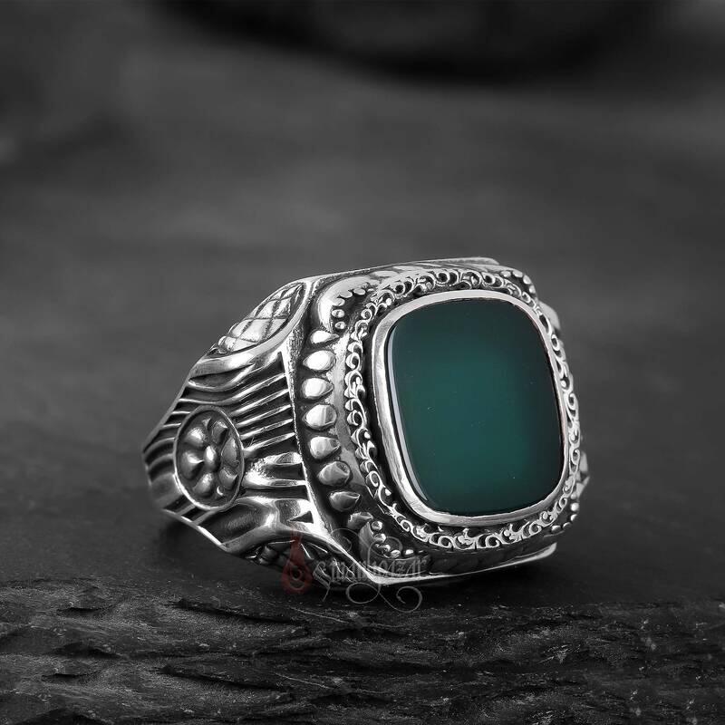 Yeşil Akik Taşı Retro Tasarım 925 Ayar Gümüş Yüzük - 1