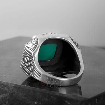 Yeşil Akik Taşı Retro Tasarım 925 Ayar Gümüş Yüzük - 3